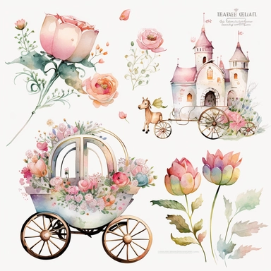 watercolor, pastel, cute, adorable, flowers, carriage, castle, clipart vector collection, no outline, full body on white background, high resolution