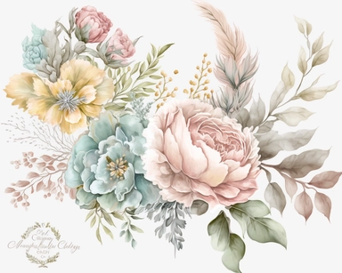 soft colorful pastel colored floral arrangement clipart, soft and subtle, colorful fairy pastel colors watercolor style, fawncore, pastel roses only, dreamy green and yellow pastel colors, muted pastel colors, plain white background, use of fabric, excellent depth of shading in soft watercolor style, watercolor artwork, plain white background for transparent editing