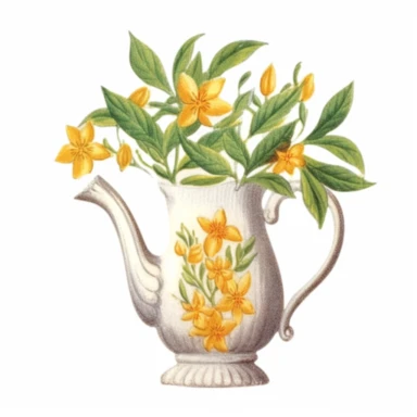 Design a dreamy watercolor clipart of Provence-inspired Orange blossoms and lemon leaves arranged in a vintage pitcher composition, hand-painted with soft and graceful brushstrokes. Draw inspiration from the artistic finesse of Ethereal Petals Watercolors for a refined and ethereal depiction. isolated on a white background, hand-drawn illustration, hand-painted watercolor texture, 16k UHD resolution, intricately detailed, sharp focal points, designed by Ana Victoria Calderon and Holly Exley, i c
