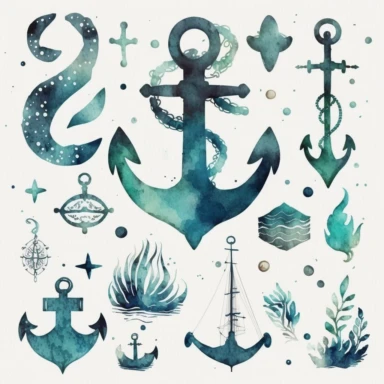 watercolor clipart of an anchor , cute cartoon nautical, watercolor, watercolor paper texture, no background. clear simple shapes.Adorable. High quality