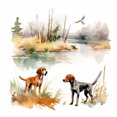 watercolor hunting scene in forest or fields with lake in vicinity on white background with setter and pointer dogs in pointing stand , illustrations clipart set, simple, , cartoon elements ,different variants , natural elements, separate elements with a margin, ,4k, high resolution, , natural colors, vibrant green tones, birds,
