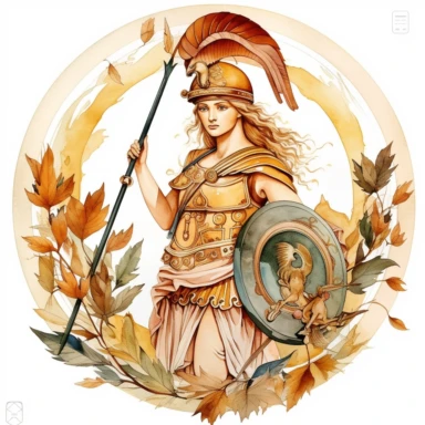 A watercolor clipart of Athena, the Greek goddess of wisdom and warfare, depicted with a determined expression and a wise gaze, adorned with a helmet and holding a shield and spear, surrounded by olive branches and symbols of knowledge, representing her intellect and strategic prowess s 750