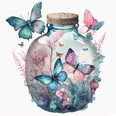 watercolor clipart of beautiful pastel blue and pink color butterflies within a transparent big old and round bottle wrapped heras, potion style