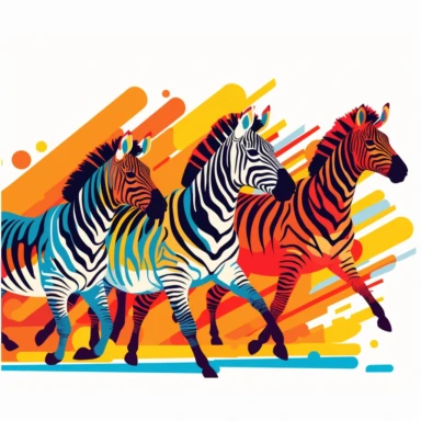 group of cute zebras, running freely in the open plains, their striped coats blending harmoniously, bold colors, clipart, on a white background