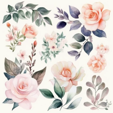 Stunning clipart watercolor artworks of flowers and plants should be created in a light and minimalistic style, with a focus on the delicate beauty of each individual flower or plant. The artwork should be painted with a loose watercolor technique, using a prominent watercolor style to emphasize the delicate and intricate technique. Light, airy hues and pastel tones should be utilized to bring out the softness of the flowers and plants, while keeping the overall design minimalistic. The unique f