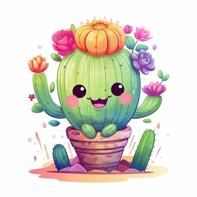 Step into a whimsical summer wonderland with a charming clipart illustration featuring an adorable cactus in a playful cartoon style against a pristine white background. Picture a lovable cactus with a friendly expression and vibrant details, embodying the carefree spirit of summer. Utilize a vibrant and lively color palette, incorporating shades of cheerful greens, warm yellows, and playful accents of pink or orange, to capture the sunny and playful nature of the season. Enhance the composition