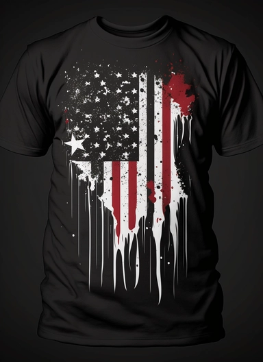 American flag tshirt design + award winning art + clipart + cool design + black background + fadded look simple design