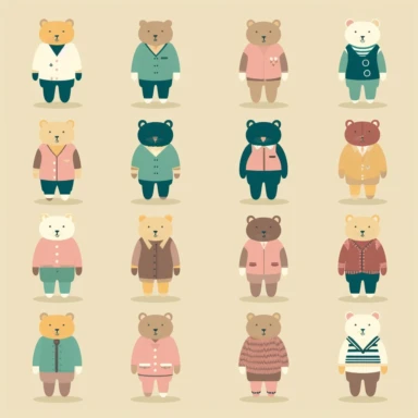 A modern, simplistic illustration showing a cute Teddy Bear with fashionistic human outfits in Cliparts. The illustration should be in a playful flat design style. Make sure there is no use of shading, tone or texture. The illustration should have a simplified, streamlined appearance. The illustration should be well-suited for use in digital or print media, such as infographics in white background.