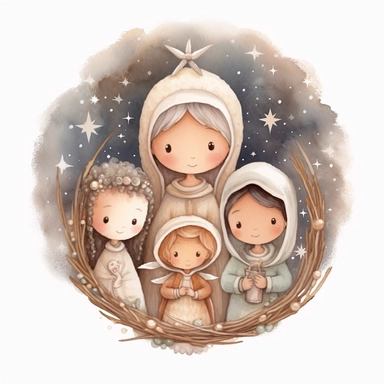 A watercolor painting of a cute nativity, Mary, Joseph, newborn Baby Jesus, 3 wise men and an Angel, nativity scene Christmas, cute detailed digital art, inspired by nicoletta ceccoli, by Kubisi art, whimsical and cute, by nicoletta ceccoli, cute detailed artwork, glimmering, adorable and whimsical, whimsical art, Clipart style, png style, svg style, blank white background, a solid white background