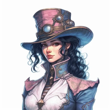 Solid white background. Waist-up illustration of a determined steampunk woman, her intense gaze and resolute smile reflecting her strong determination. Her alabaster white skin and black hair beautifully contrast her attire in shades of a pastel pink and royal blue, a testament to Victorian elegance and steampunk aesthetics. Instead of a hat, she wears a sleek headband adorned with industrial motifs. The background lacks any steampunk elements. Pastel clipart, hyper-realistic, retro-futurism, so