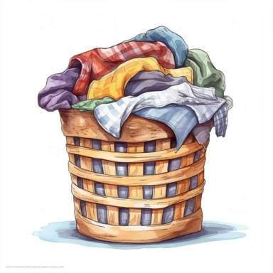 Clothes laundry basket illustration clipart, high detailed, white background, digital art, hd, watercolor