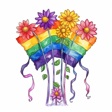watercolor illustration with rainbow flowers and flowers holding the flag, in the style of light purple and light amber, genderless, queer academia pride, rainbowcore, tattoo design of flowers with pride flag behind color art watercolor drip in transparent overlay, in the style of vibrant spectrum colors, white background, color gradients, chalk art, whimsical yet eerie animal symbolism, vibrant murals, hand-coloring watercolor clipart, white background