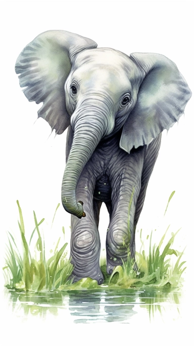 worlds cutest, adorable, realistic, life like image of a baby elephant with his trunk raised in the air and standing in a green grassy field and pond, watercolor clip art, white background ,artist rendition, sharp focus, extreme detail,