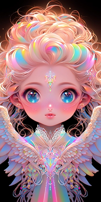 pastelcolor beautiful fantasy art, Angel girl with beautiful realistic face and big eyes, with rainbow feathers, angel wing, gold light, chibi kawaii animated style, vivid vibrant colors, intricate detail, hyper detailed, hyper quality, 32K, unreal engine, isolated on white background, kawaii, clipart