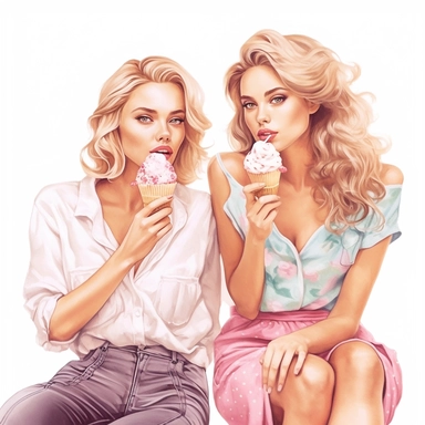 beauty girls eating ice creams on a party digital clipart on white background