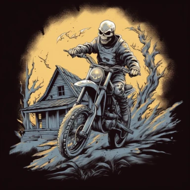 hunted house, smiling halloween ghost, on a dirt bike, clipart 4k