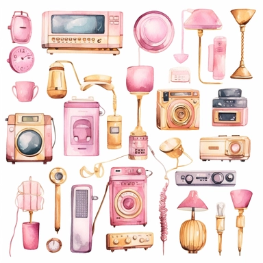 handpaint, gadget clipart,devices icon set, isolated white background, single design, sharp, bold , sweet pink, cream pastel, gold, hand-painted watercolor