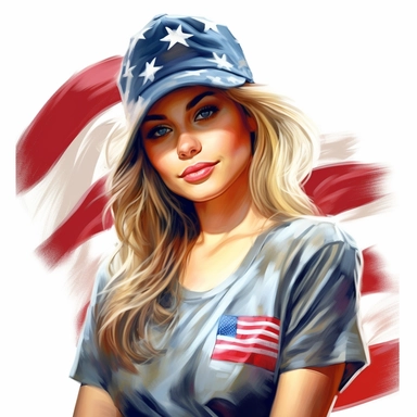 a gorgeous American soldier, her t-shirt and hat represent her flag, Pixar style, vibrant colors, clipart with white background,--v 5