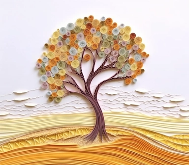 africa accacia trees landscape, art of quilling clipart, gold and glory pastel mute soft colors, illustration, white solid background,