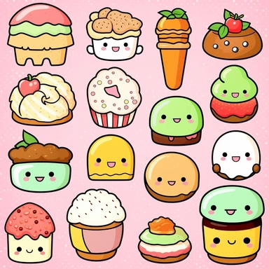 Dive into the world of Kawaii with a clipart collection featuring lovable food items. Design charming characters like smiling sushi rolls, giggling ice cream cones, and cheerful donuts. Let their expressions be infectious, radiating happiness and warmth. Add blushy cheeks, sparkles, and a touch of whimsy to make your Kawaii clipart set irresistibly cute and perfect for adding a playful touch to any project. Kawaii. White background, soft lighting.
