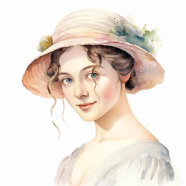 Jane Austen: General - Elegant portrait of Emma Woodhouse smiling clipart watercolor, white background, highly detailed, photorealistic, high quality, light pastel colors, romantic, delicate, feminine, florals, lots of details