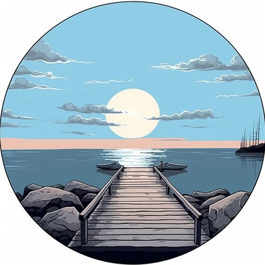 clipart picture of a dock, shore of beach, white clean edged circular background, clean lines and edges