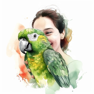 Adorable pet Amazon Parrot having happy moment with it's human owner, water color style, clipart, white background