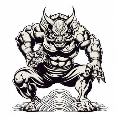 the image of a japanese Oni standingon white is shown, in the style of stencil art, heavy outlines, flickr, hard edge, sculpted, woodcut, clipart cut file cuttable cricut vector