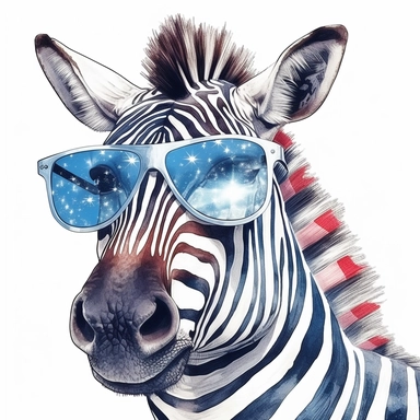 Zebra, wears American flag scarf and sunglasses, closeups shot, low angle, watercolor style, hyper-realistic animal illustrations, 2d game art, quadratura, clipart, on white background,