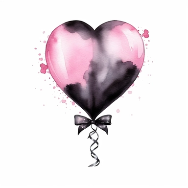 Watercolor pink and black birthday heart shape balloon drawing, illustration clipart, high detailed, white background, digital art