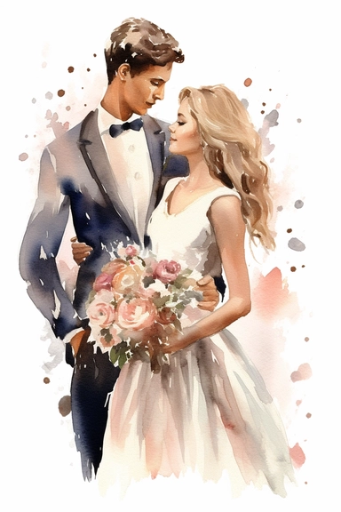 Watercolor, cute, wedding, young couple clipart, hd, on white background, spaced out, Detailed