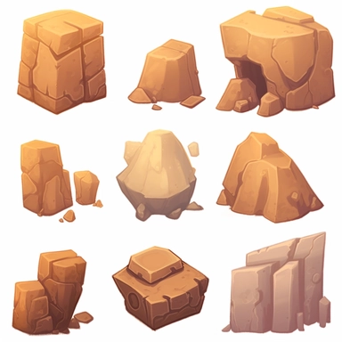simple desert boulders, video game assets, isometric, top down, isolated figures, hand drawn, level art, low contrast, no borders, soft lightning, smooth edges, atmospheric effects, spatial concept art, muralist, clipart, ps1 graphics, deconstructed objects, 2d, plain background