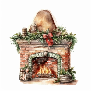 watercolor style, christmas fireplace clipart, isolated on white background, 4K