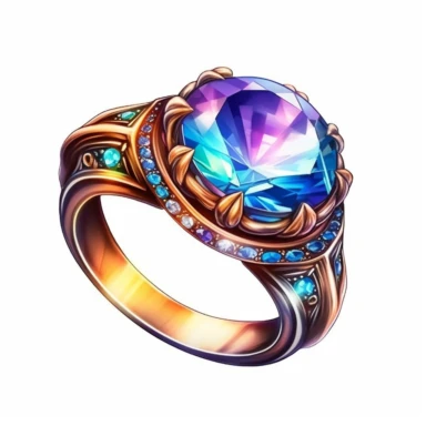 Craft an intriguing clipart of a mythical ring against a pristine white background. The ring should possess intricate designs and be encrusted with glistening gemstones. Let it emanate a soft, magical glow when worn, symbolizing the wearer's connection to mystical forces.