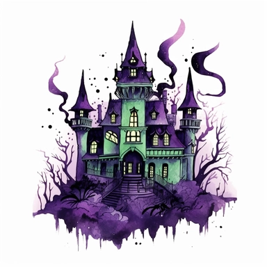 Belladona one witch castle clipart, clean lines, dark colors green black purple, horror style, white background