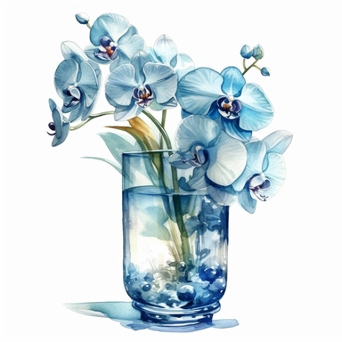 beautiful vivid realistic watercolor blue orchids, elegant glass vase, illuminated with the sun’s rays, isolated white background, clipart, hd quality –c 30
