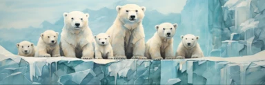 a line of cute miniature polar bear cubs on an iceberg, a collage of mixed media art made with tissue paper, magazine and newspaper clippings, oil paint, graphite pencil lines and fabric, in the style of playful surrealism, whimsical, washi tape