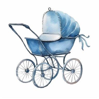 watercolor antique baby carriage pram with blue body, clipart