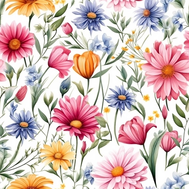 3D flora, flowers, Watercolor, vector, white background, clipart, Seamless patterns, repeating patterns design, flat illustration, outlined , Vector, 4K, Art station, digital print, highly detailed clean