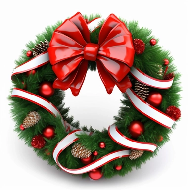 christmas pine and red bow wreath clipart, white background