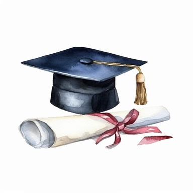 create a hand drawn watercolor clipart of a graduation cap and a diploma, white background, 4k
