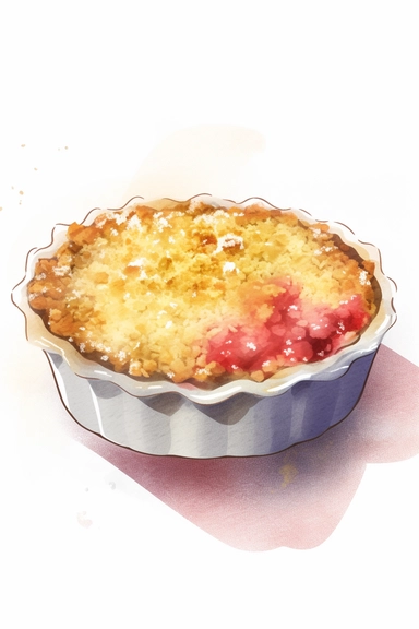 rhubarb crumble with custard, with watercolor topping, clipart, hd, offset white background