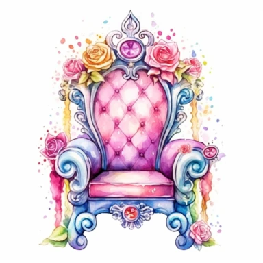 Make a clipart of a beautiful princess's throne, give it lots of jewels and roses for accents, use bright pastel rainbow colors, watercolor style, white background