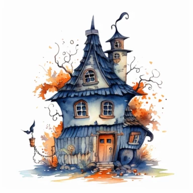 whimsical house, Vintage Witch Watercolor Clipart, dark blue and orange colors, white background