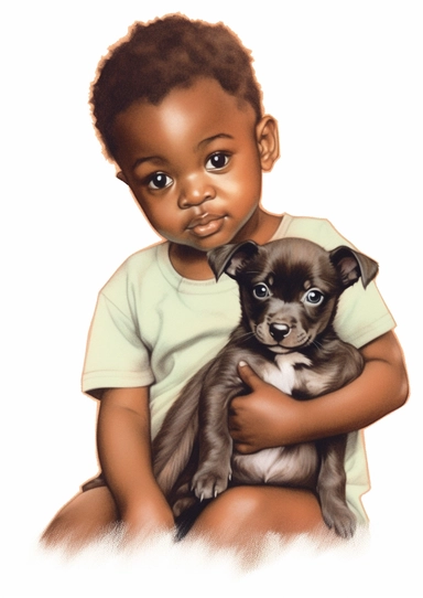 a cute retro vintage African infant baby boy with a puppy. Color pencil sketch, soft baby colors, on a white background for clipart.