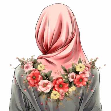 Hijabi woman back view clipart illustration, muslim lady clipart, veiled woman clipart, floral lady hijab clipart , digital illustration style,