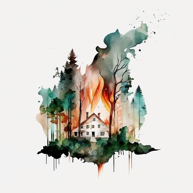 watercolor clipart of house forest fire white background
