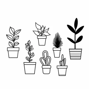 Potted Plants, Clipart, Cartoon style, Outline, Black on white background, Very simple, Minimalist, No Noise Flat