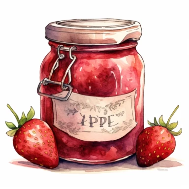 watercolor, hyper realistic, white background, white margins, 16k, ultra detailed clipart, cut out image, hand-drawn a vintage mason jar filled with homemade preserves, like strawberry jam or apple butter. The jar is accompanied by a label with handwritten details, adding to the vintage aesthetic. earthy colors like golden brown and deep red, in the style of pencilsteampunk, delicate watercolor, creative commons attribution, miniaturecore, grocery art, white and amber, website