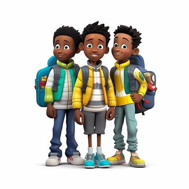 3D toy young 3 happy black boys wearing a backpack with a school uniform outfit in the style of boondocks in the style of marvel comics cartoon with white background can't believe how beautiful this is clipart, graphic vector, isolated on white background